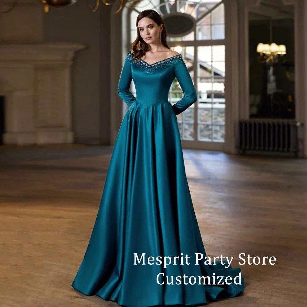 

Turquoise Blue Evening Dress Saudi Arabic Prom Gown Customized V Neck Full Sleeves Beading Peartls A Line Satin Party Dresses