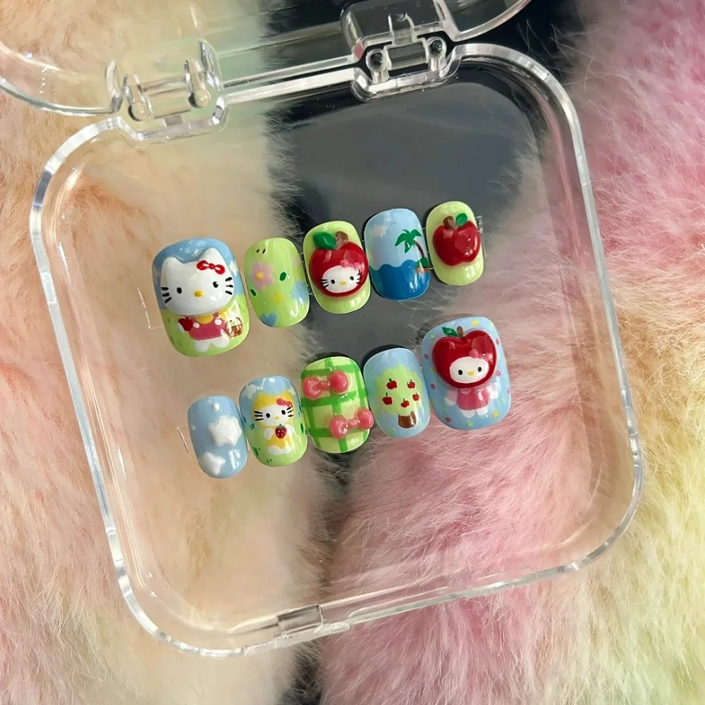 10Pcs Handmade Manicure Short Coffin Fake Nails Cute 3D Kitty Limited Nails Press On Nails Design with Adhesive Nail File Set