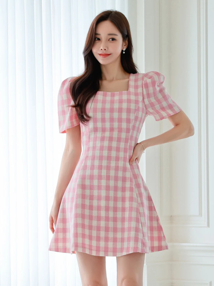 Korean Style Mini Dresses for Women Clothing Pink Blue Plaid Bubble Sleeve Short Gown Female Party Street Date Vestidos Mujer