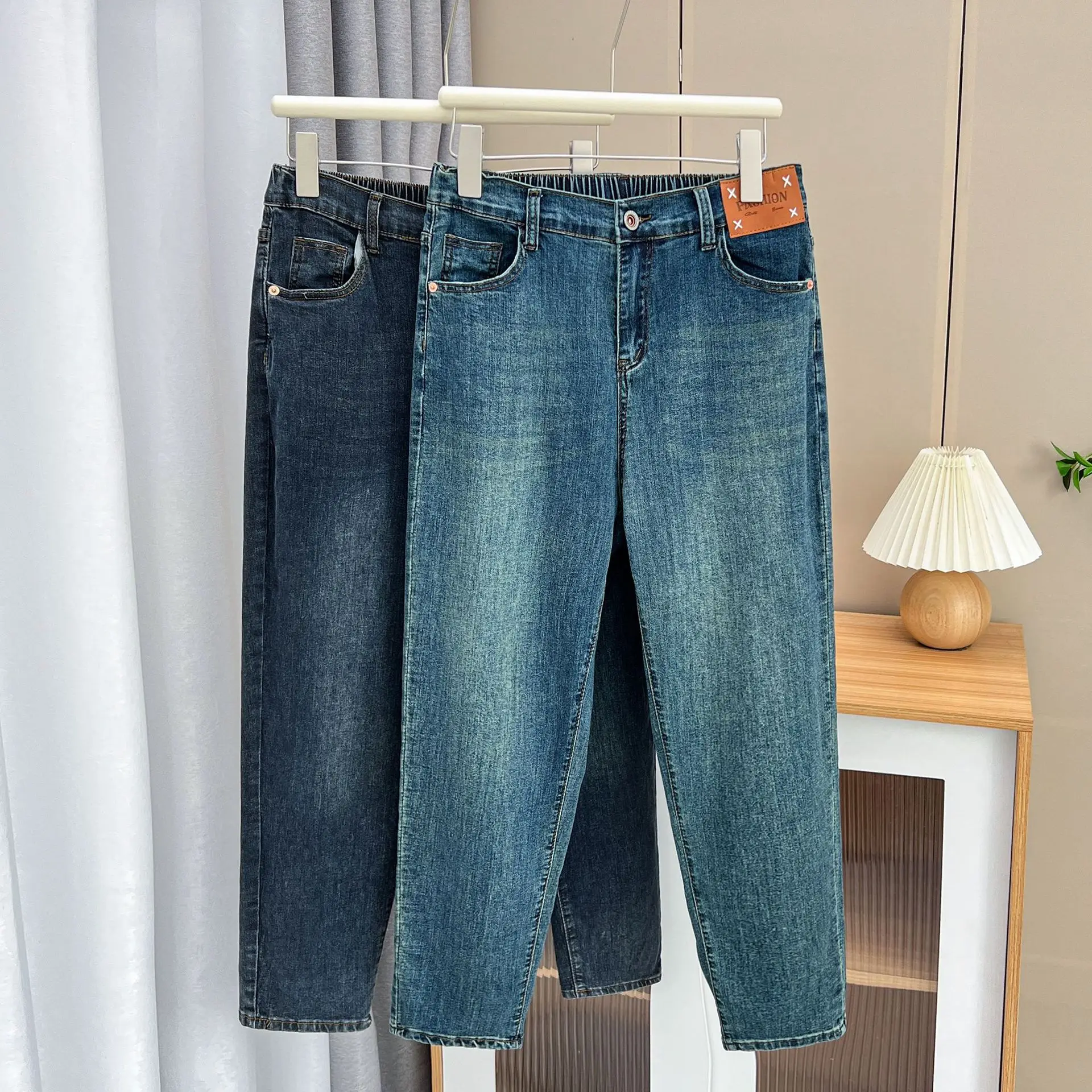 Calça feminina harém jeans de cintura alta com comprimento do tornozelo, etiqueta casual na moda, plus size, outono, 100kg