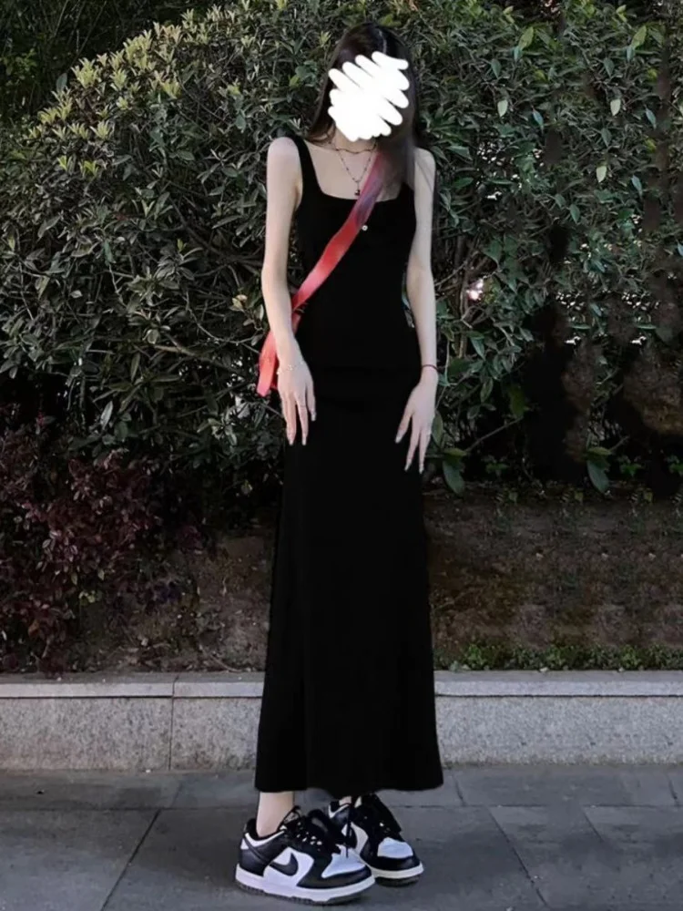 Trumpet Maxi Dress Women Solid Simple Hotsweet Korean Style Fashion New Sleeveless Defined Slim Chic Sexy Square Collar Vestidos