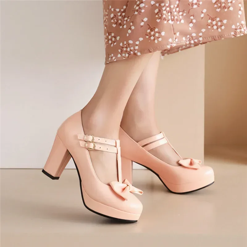 Plus Size Lolita High Chunky Heels Mary Jane Women Red Pink Patent Leather Dress Party Sweet Bowtie Round Toe Lady T-strap Shoes