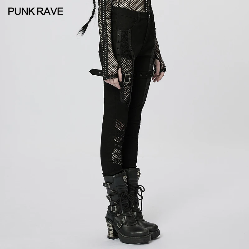 PUNK RAVE-Women's Punk Twill Denim and Mesh Splicing Sexy Tight Pants, Personalized Slim Trousers, Spring Autumn Streetwear