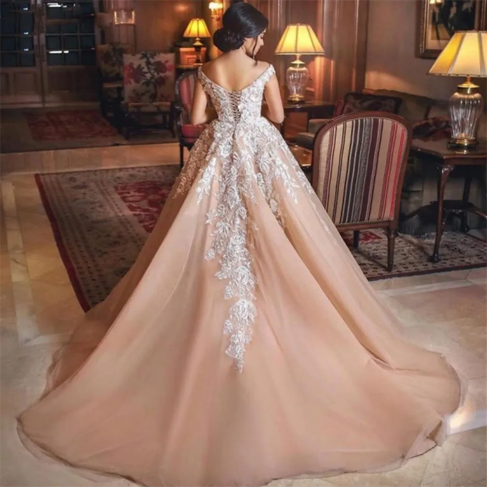 Vestido de novia de lujo con cuello en V y hombros descubiertos, chaleco de encaje de Organza Vintage, Vestido largo de fiesta de graduación, pecho ajustado, vestido de noche Formal