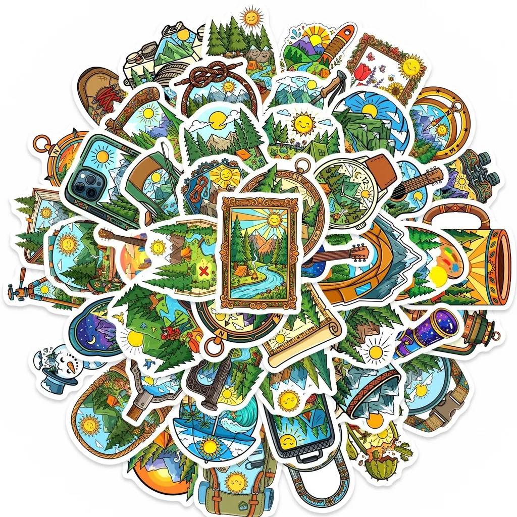 50Pcs Outdoor Camping Adventure Stickers, Mountain Tent Campfire Travel Scenery Decals for Container DIY Decor Papery Pop Store