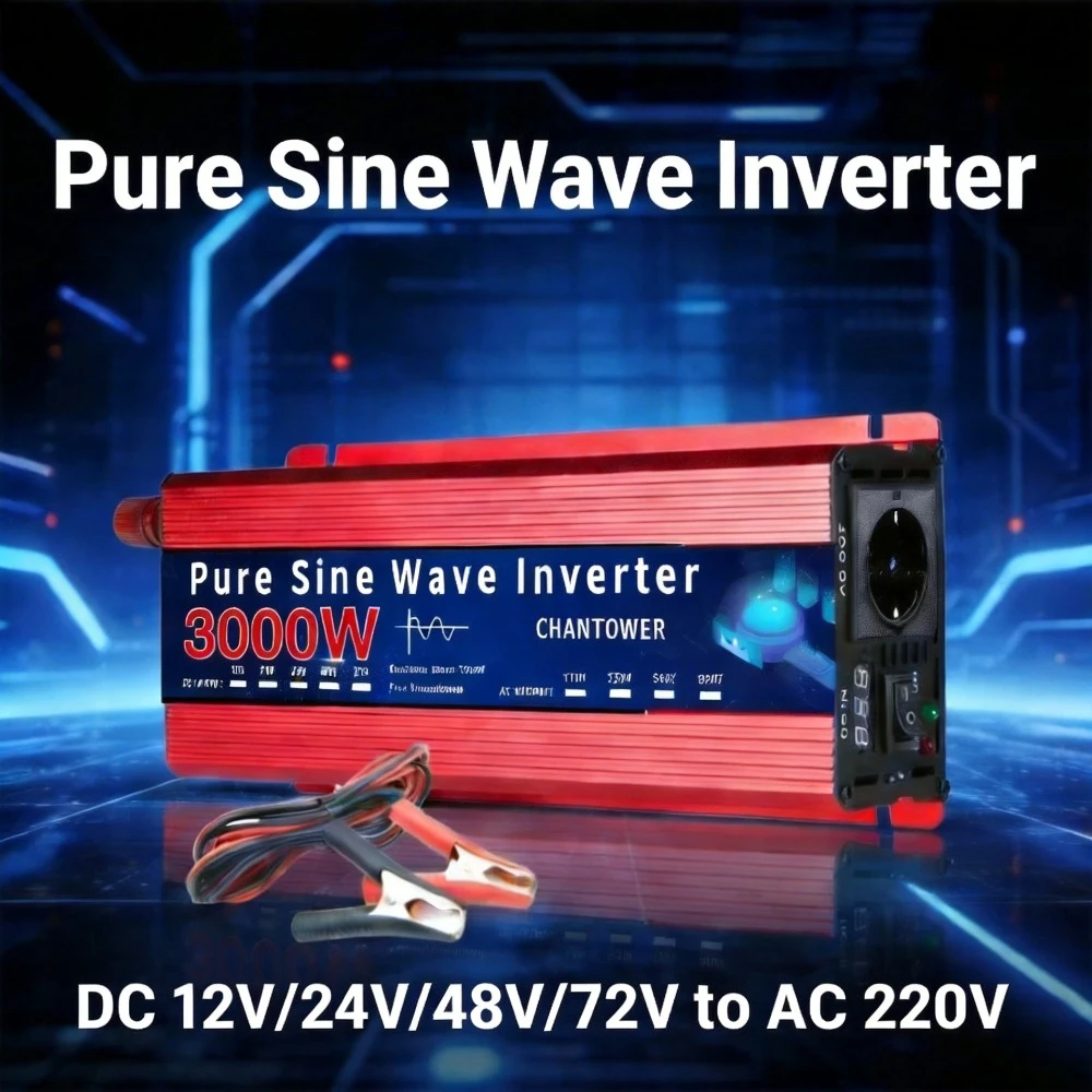 Pure Sine Wave Inverter DC 12V/24V/48V/72V to AC 220V 1000W 1600W 300W Europe Socket Power Converter Car Charger Solar Inverter