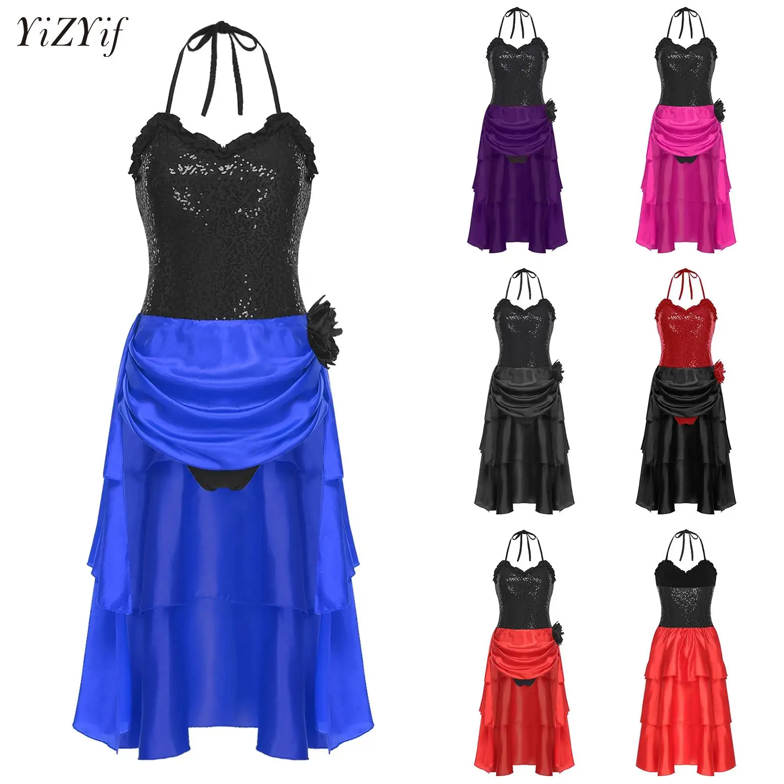 

Halter Sequined Latin Dance Dress Women Performance Competition Outfit Tiered Irregular Hem Dance Dress Samba Dance Dancewear