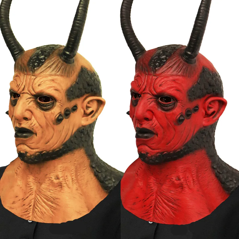 Halloween Gruselmaske mit Langen Hörnern, Realistische Teufelsmaske aus Latex – Detail 4