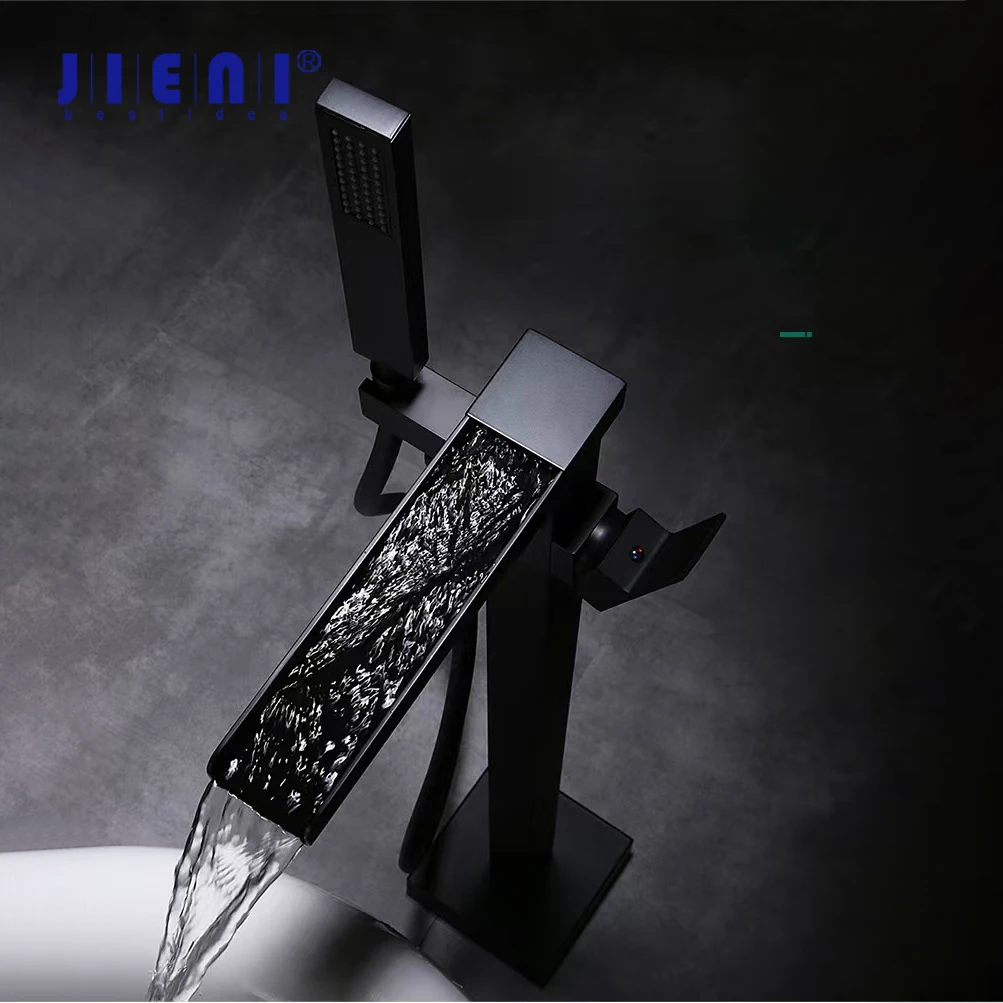 

JIENI Matte Black Brass Bathtub Faucet Tub Filler Freestanding Shower Set High Flow Waterfall Shower Faucet W/ Hand Held Spray