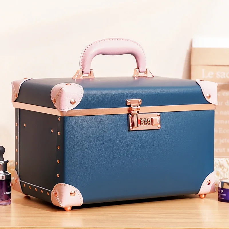 New Portable Vintage Password Makeup Box Storage Large Capacity Double Leather Suitcase Cute Cosmetics Luggage Bag with Mirror