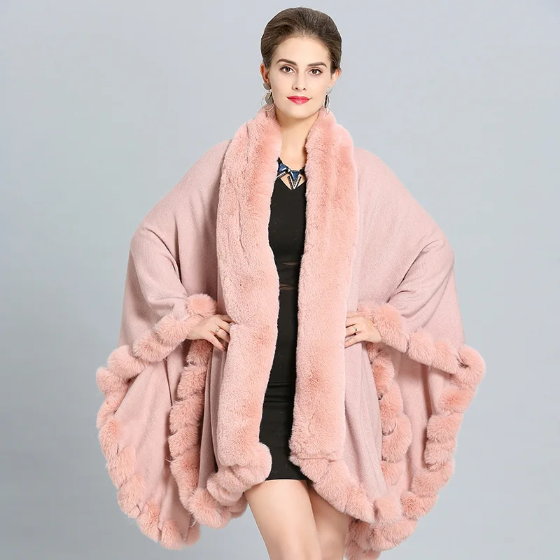 EuropeStyle Fashion Double Fox Fur Coat Cape Hooded Knit Cashmere Cloak Cardigan Outwear  Women Winter Shawl 1.1kg