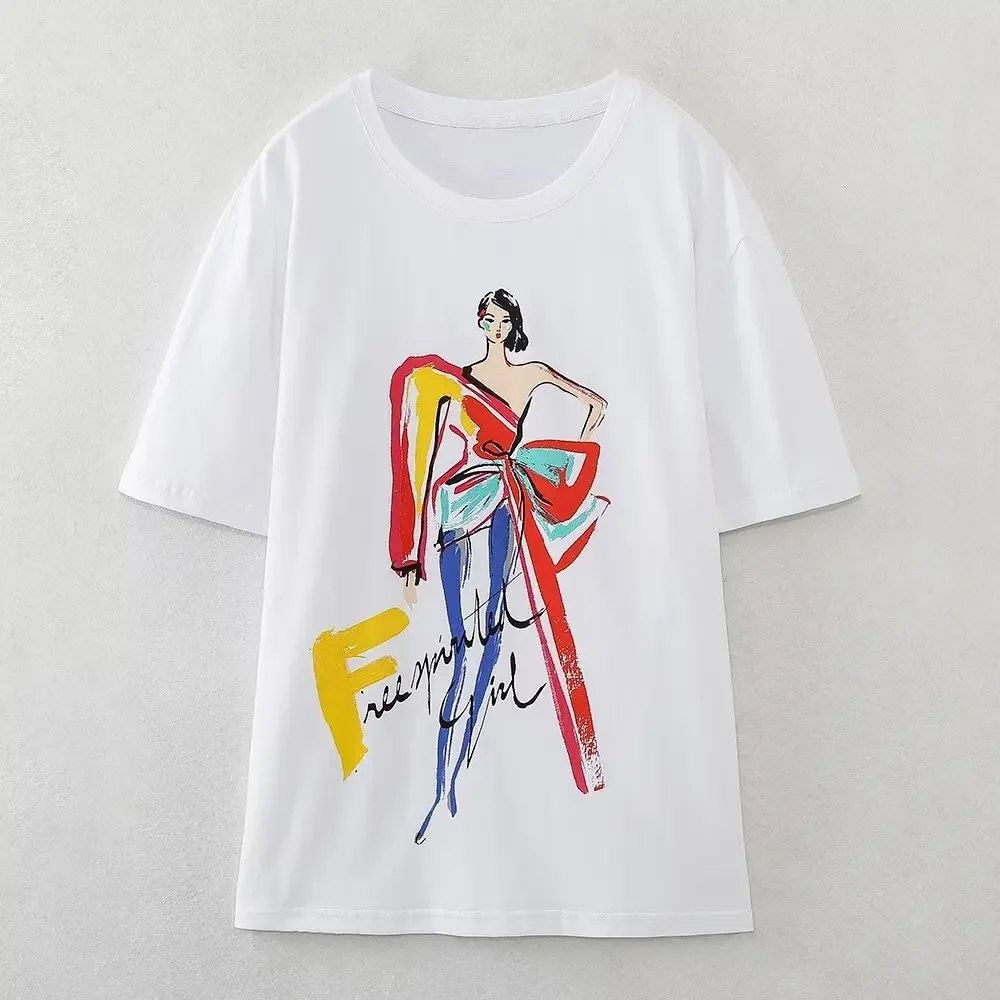 Tangada 2024 Summer Women Girl Print Cotton T Shirt Oversized Short Sleeve Ladies Casual Long Tee Shirt Wear Top TA20