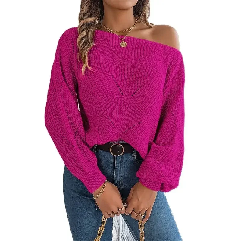 

Women One-line Neck Off The Shoulder Knitted Sweater Lantern Long Sleeve Jumpers Female Autumn Winter Daily Casual Commuter Tops