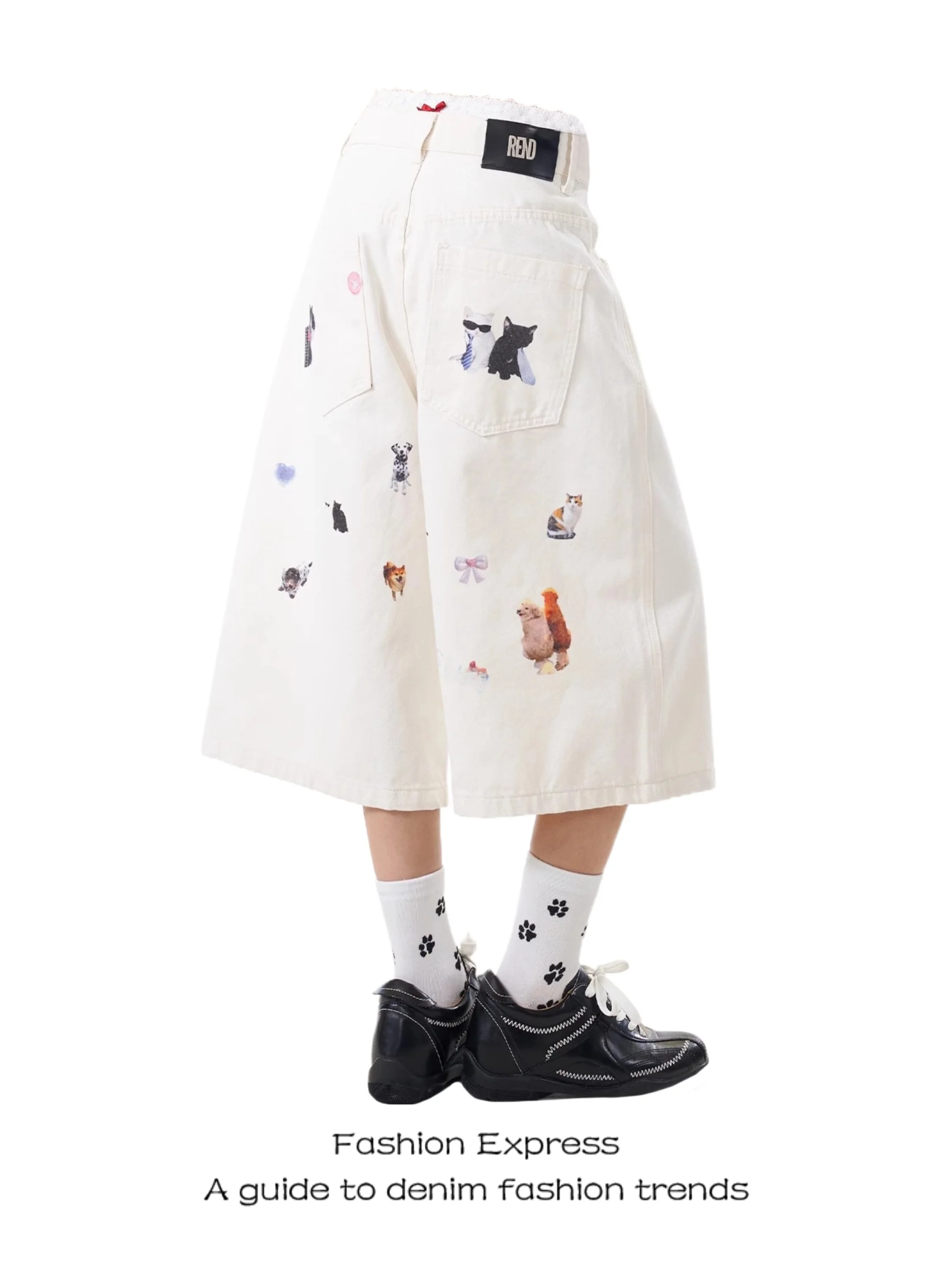 

Retro White Printed Denim Shorts Women's Summer New Style Fun Dog American Loose Wide Leg Seven-Quarter Length Shorts