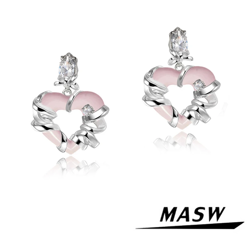 

MASW Original Design Sweet Style Brass Metallic Crystal Pink Heart Earrings For Women Girl Gift Fashion Jewelry Accessories