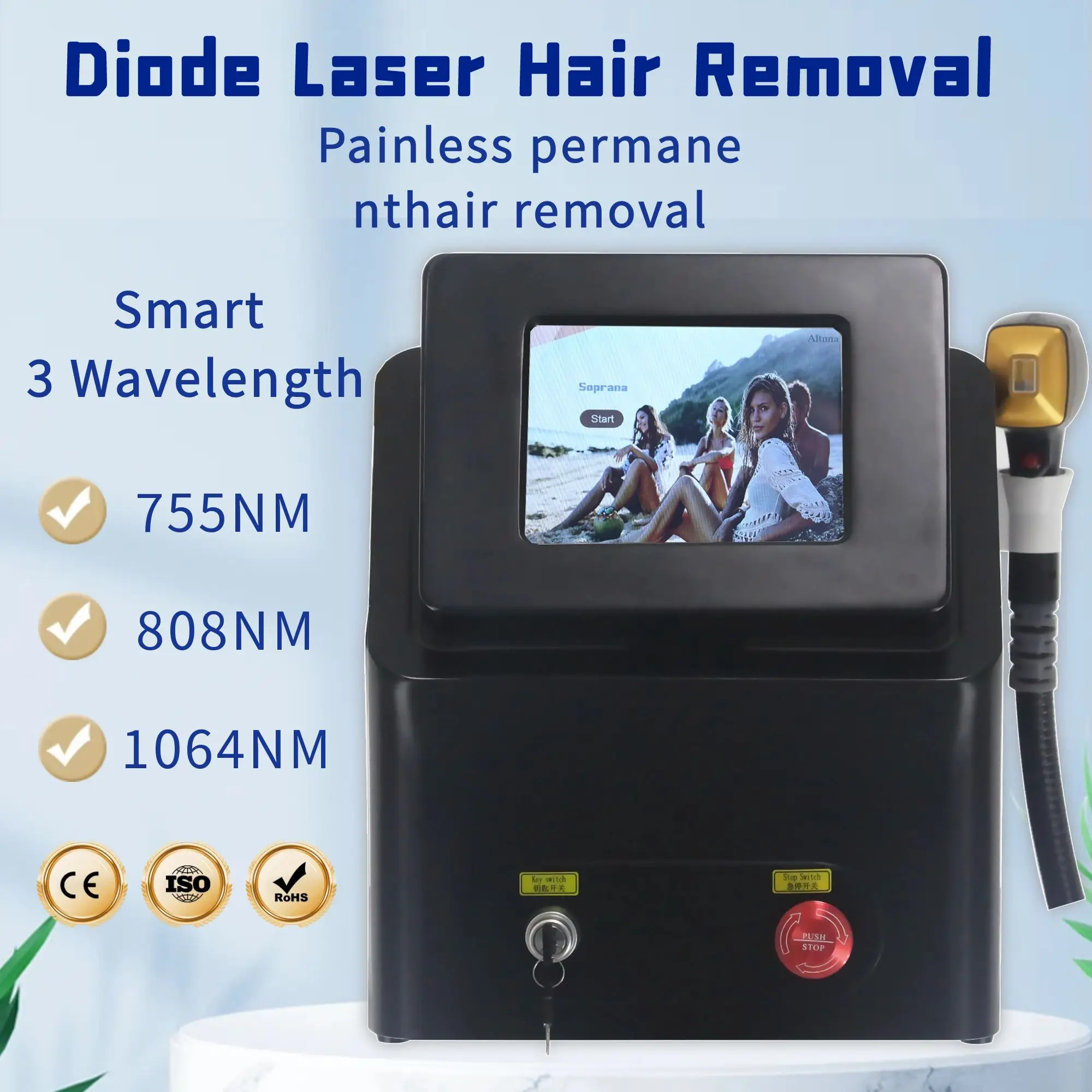 Super Energy Density Diode Laser 755 808 1064nm Multi Wavelengths Hair Removal Machine Cooling Head Painless Laser Epilator