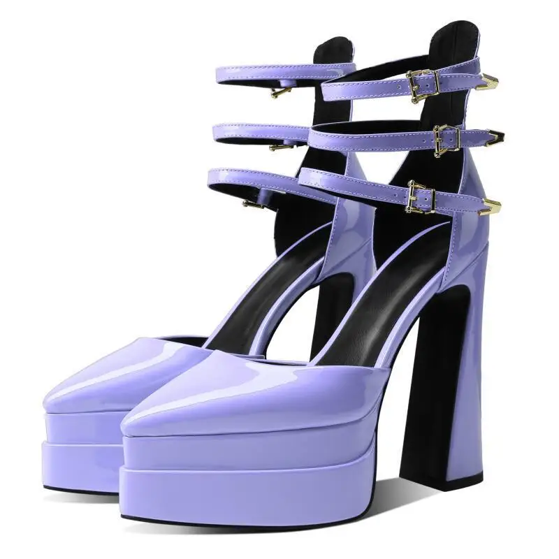 

Pointed Toe Leather Platform Buckle Sandals Dress Lady Sexy Chunky High Heel Sandals Women Fashion Show Platform Pumps Size 44