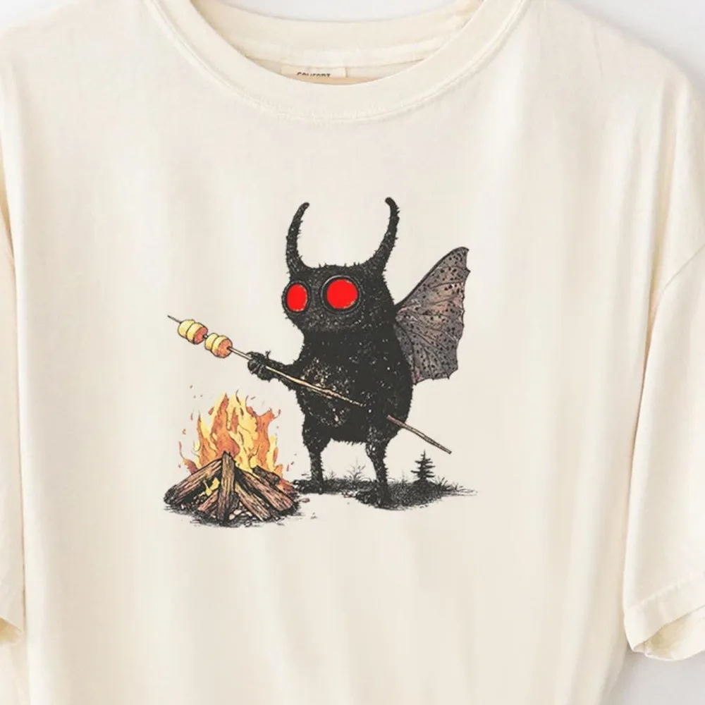 Mothman Roasting S'mores T-shirt  Weirdcore Meme Tee Shirts Tees Weirdcore Meme Unfunny Unhinged Funny Retro Gen Z Weird