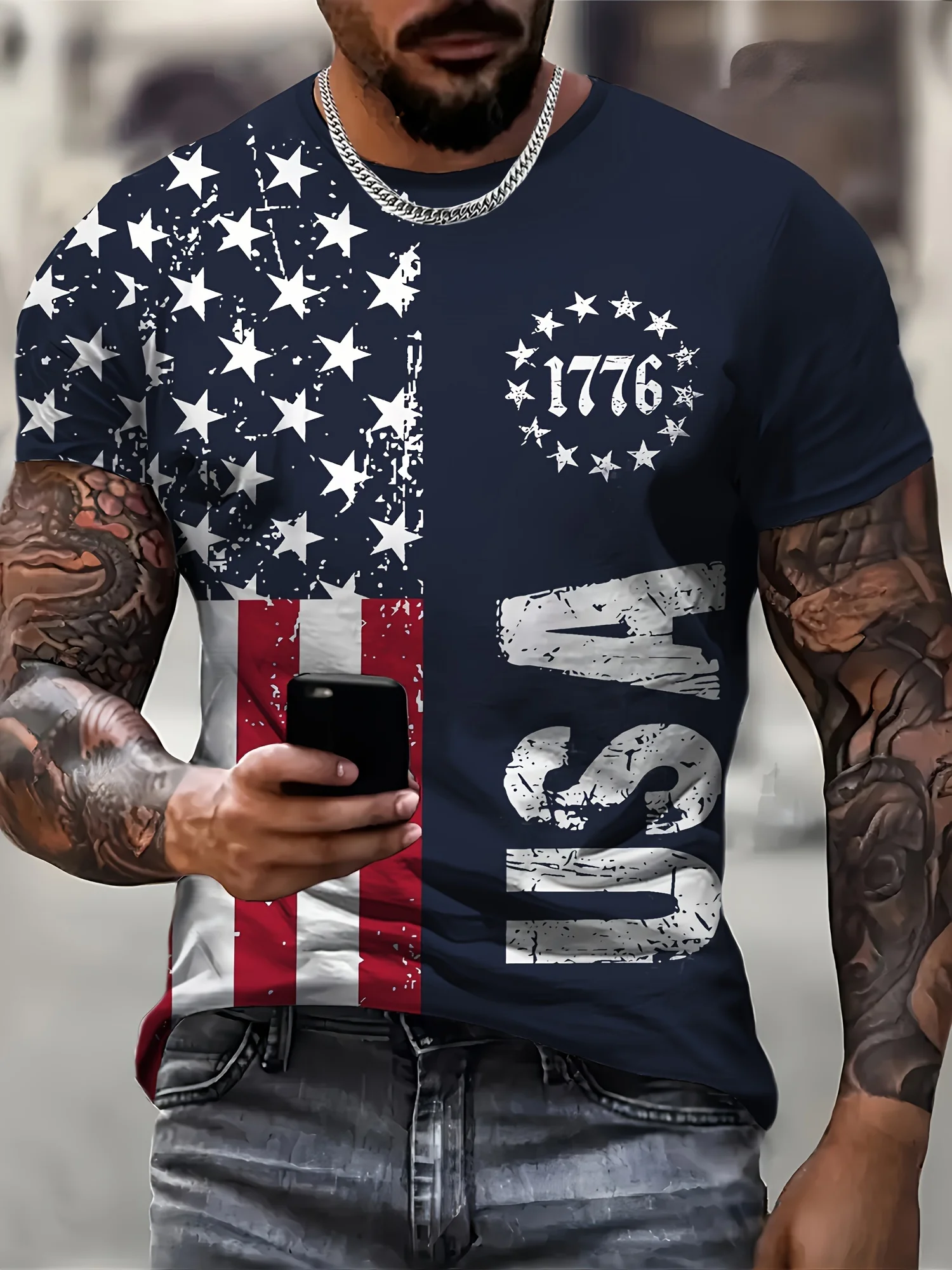 VintageT-Shirt For Men American Flag Graphic T Shirts 1776 Print Tees Short Sleeve T Shirts Outdoor Oversized Men's Clothing Top image 4