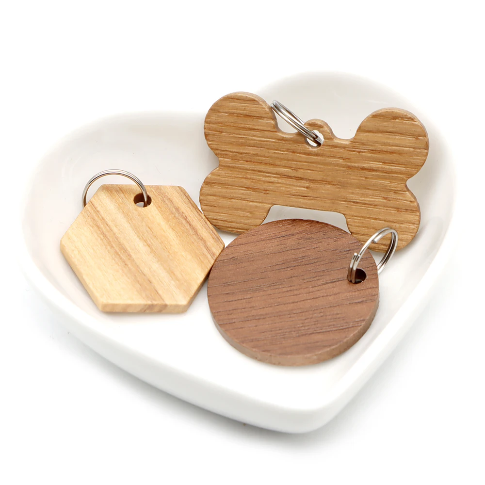 Wholesale 20/50/100Pcs Wood Dog ID Tag Bone Personalized Puppy Nameplate Anti-lost Round Name Tags For Dogs Keyrings Engraving