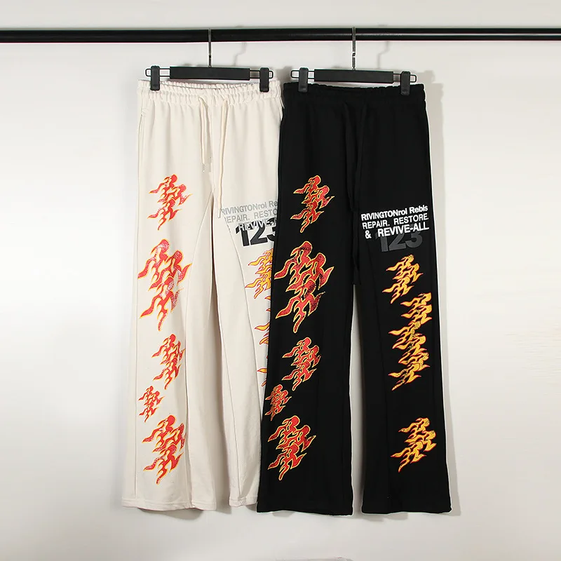 

Streetwear Hip Hop Flame Printed Sports Trousers Men and Women Elastic Waist Loose Casual Pants Pure Cotton Straight Sweatpants