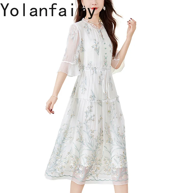 

YOLANFAIRY 100% Natural Mulberry Silk Green Dress Summer 2025 High-end Embroidery Birthday Dresses Luxury Elegant Women Dress