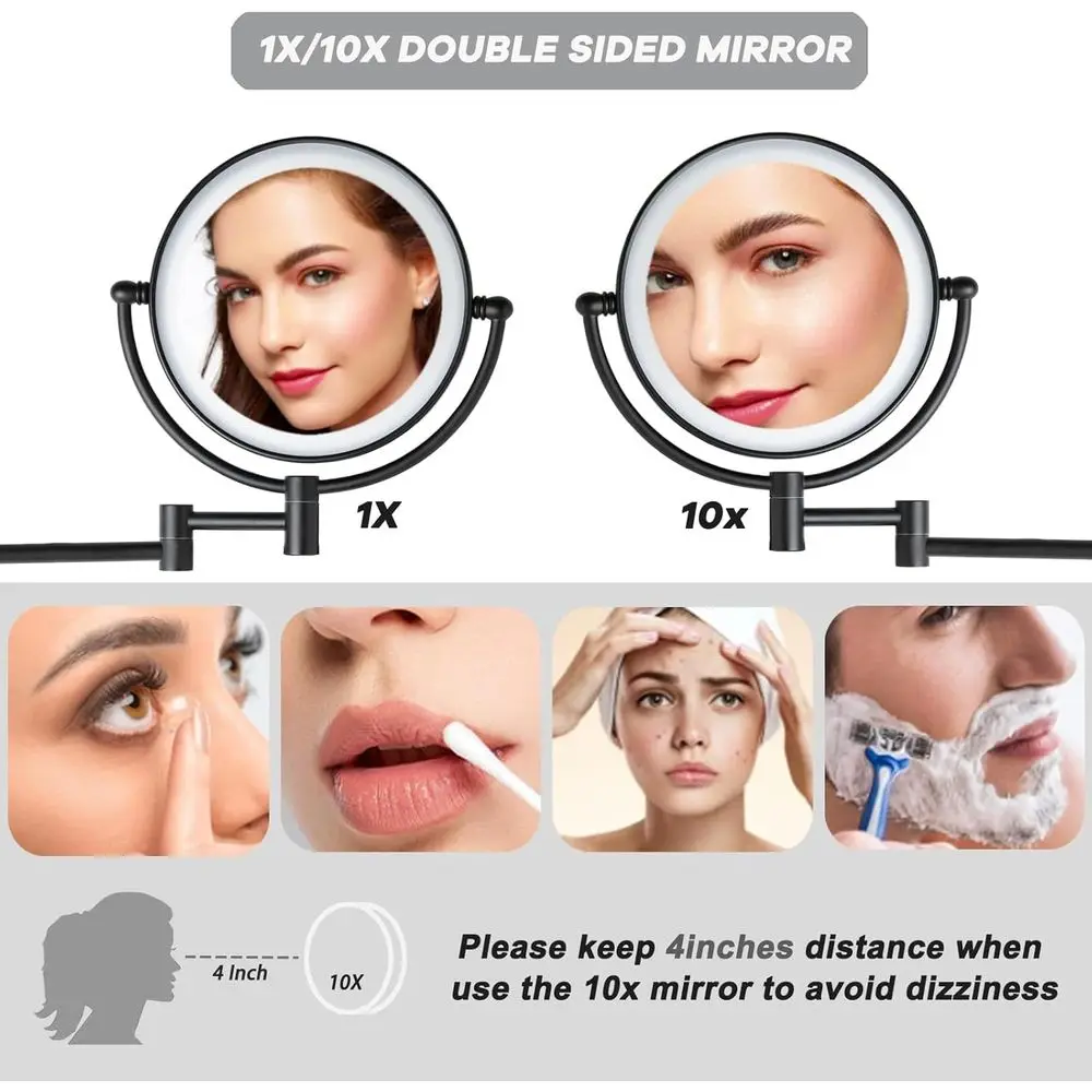 8 مرآة مكياج LED مع تعتيم 3 ألوان، تكبير 1X/10X، ذراع قابلة للتمديد، 360 درجة °   دوار، سلكي، أسود غير لامع