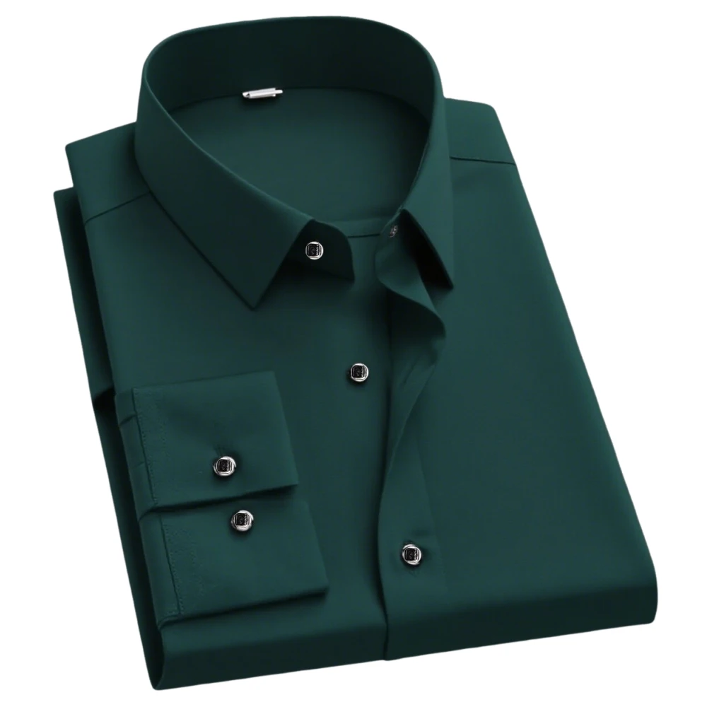 

Men's Solid Green Long-sleeve Dress Shirt with Breathable Button-down Collar, Perfect for High-profile Business Events