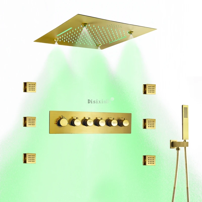 Bathroom Music Led Shower System Brushed Gold Thermostatic Rain  Shower Combo Set