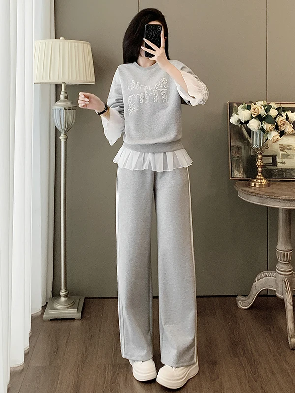 

Gray Long Sleeve Top And Wide Leg Pants Women's Two Piece Set Spring New Design Sensation Anti Aging Fashion Casual Sportswear