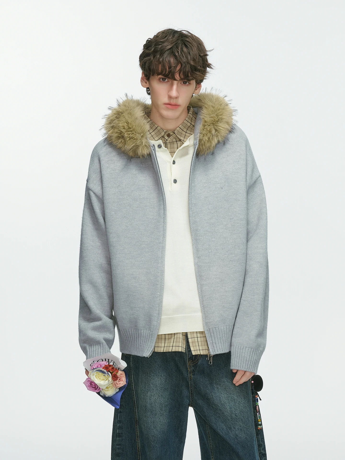 Men Women 2025 Autumn Winter New Couple Knitted Tops American Style Detachable Faux Fur Collar Hooded Cardigan Sweaters Jackets