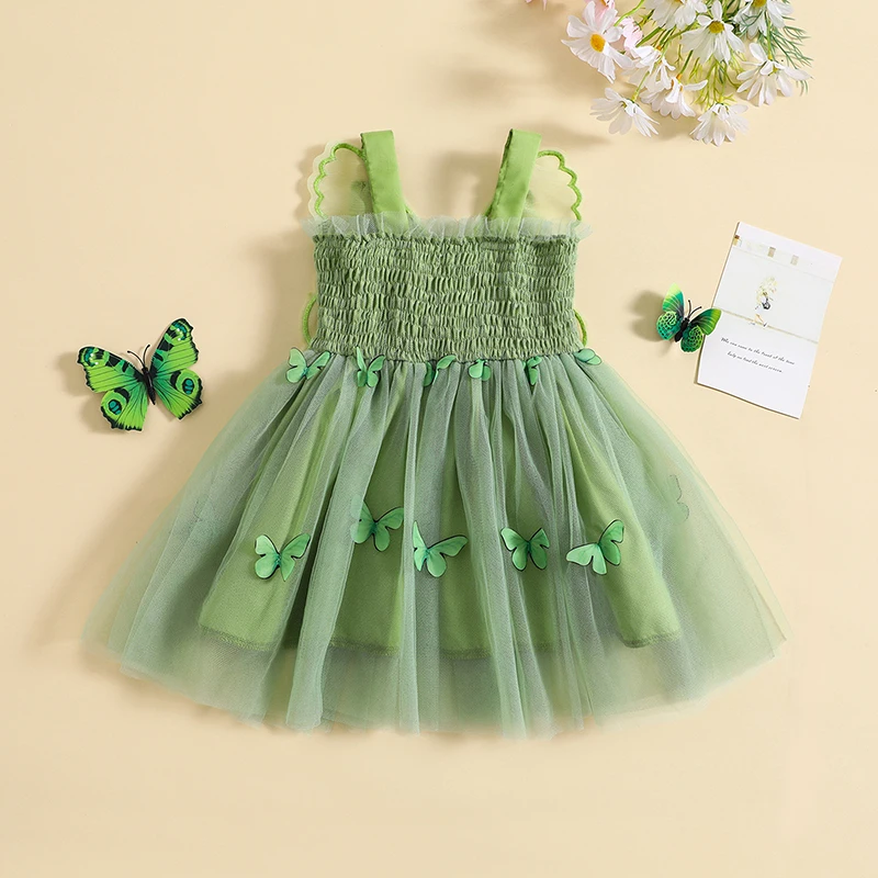 0-4Y Summer Kids Girls Sweet Dress with Butterfly Wing Sleeveless Sling Tulle Mesh Princess Dresses  Baby Clothes Costume