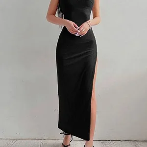 Damen Bodycon schwarzes schwarzes Kleid, Ärmel ohne, schwarz, hoher Kragen, Spaghetti -Gürtelkleider, hohe Division, Sommer 10 Hauptverkauf langes Kleid mit Hosen - №3