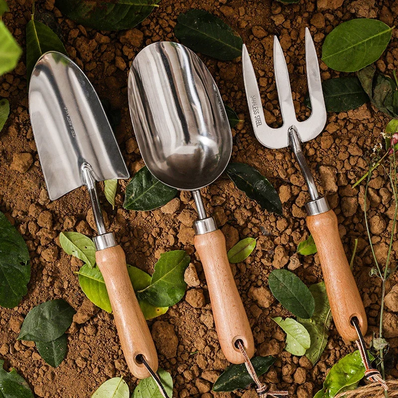 Stainless Steel 3 Piece Gardening Tool Set Wooden Handle Shovel Trowel Rake for Garden Planting Digging Weeding Bonsai Care