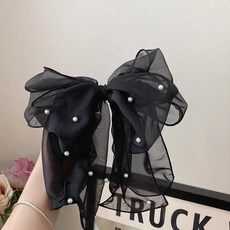 Modische Haarspangen mit Perlen und Schleifen für Damen, elegante Chiffon-Schleifen, Pferdeschwanz-Haarspangen, süße Haarschmuck-Accessoires – Detail 5