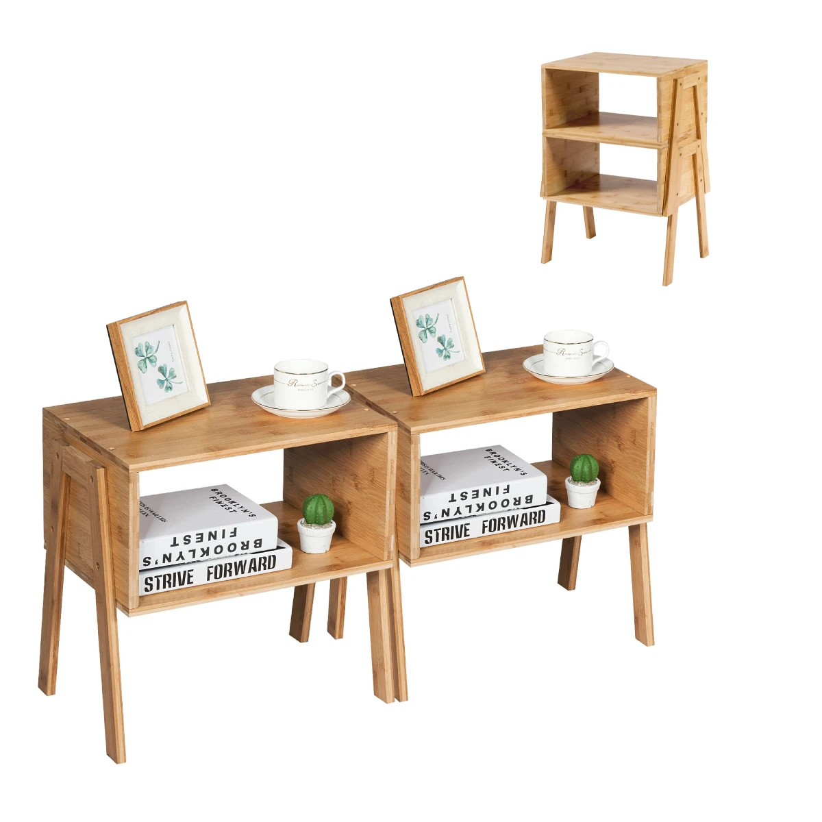 GOFLAME Bamboo Bedside Table 2pcs Stackable Side Table with Large Open Shelf & Compact Design