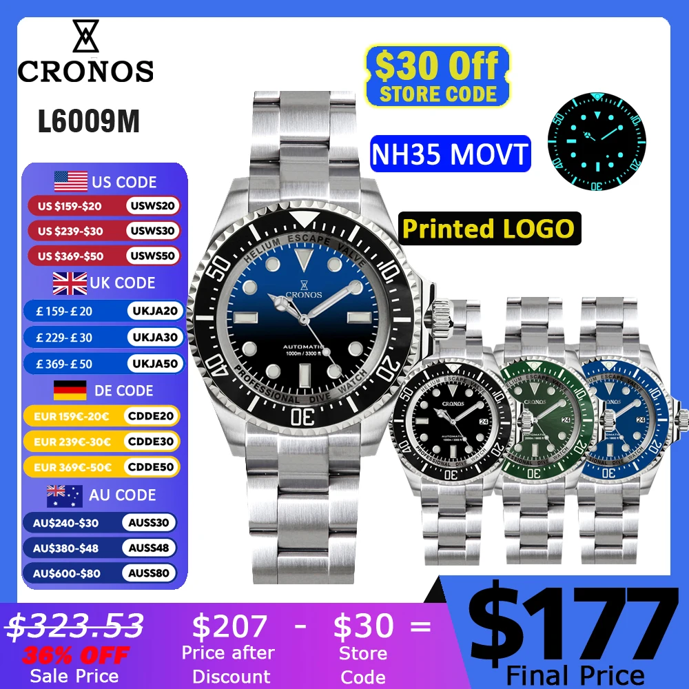 Cronos Automatic Diving Watch Stainless Steel 2000 Meters Water Resistance Professional Diver L6009M