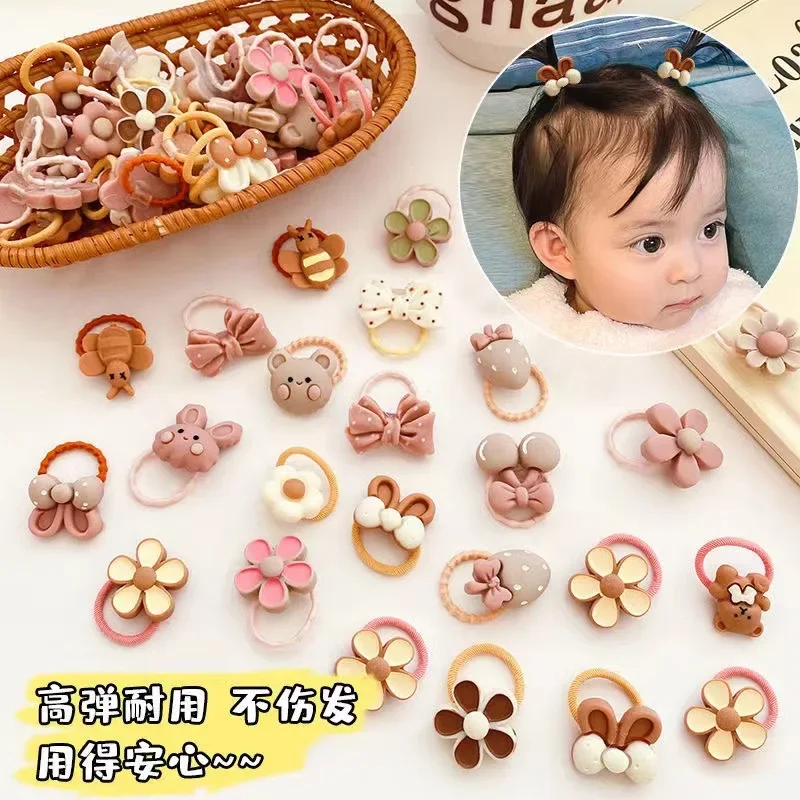 20Pcs Set Baby\'s Cute Mini Hair Loops Set Baby Bear and Flower Hair Bands Set Hair Loop Small Sweet High Elastic 2cm Diameter