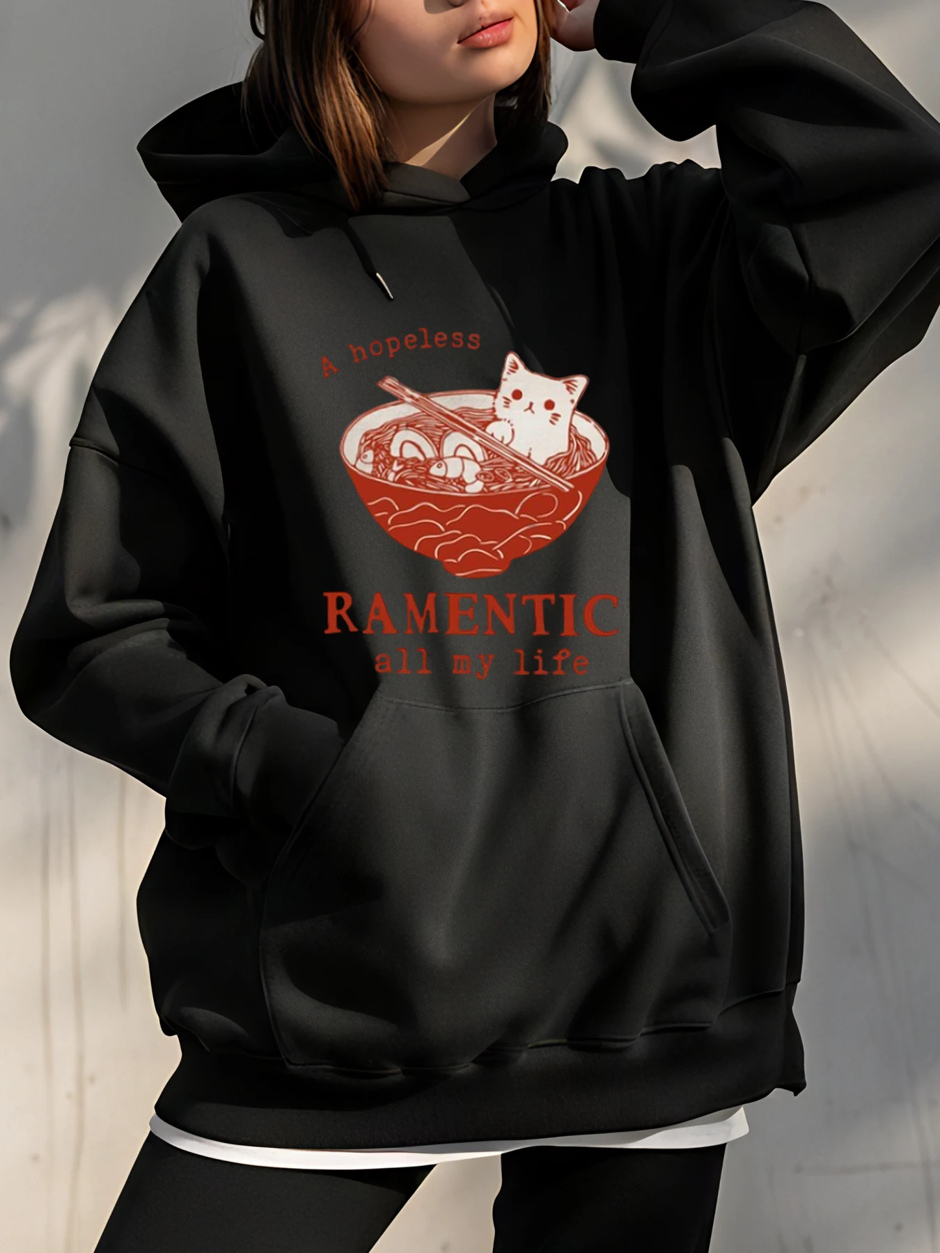 

Толстовка с капюшоном Ramen с милым котом и принтом рамэн, унисекс, толстовка большого размера, повседневная уличная одежда для женщин и мужчин, молодежная мода