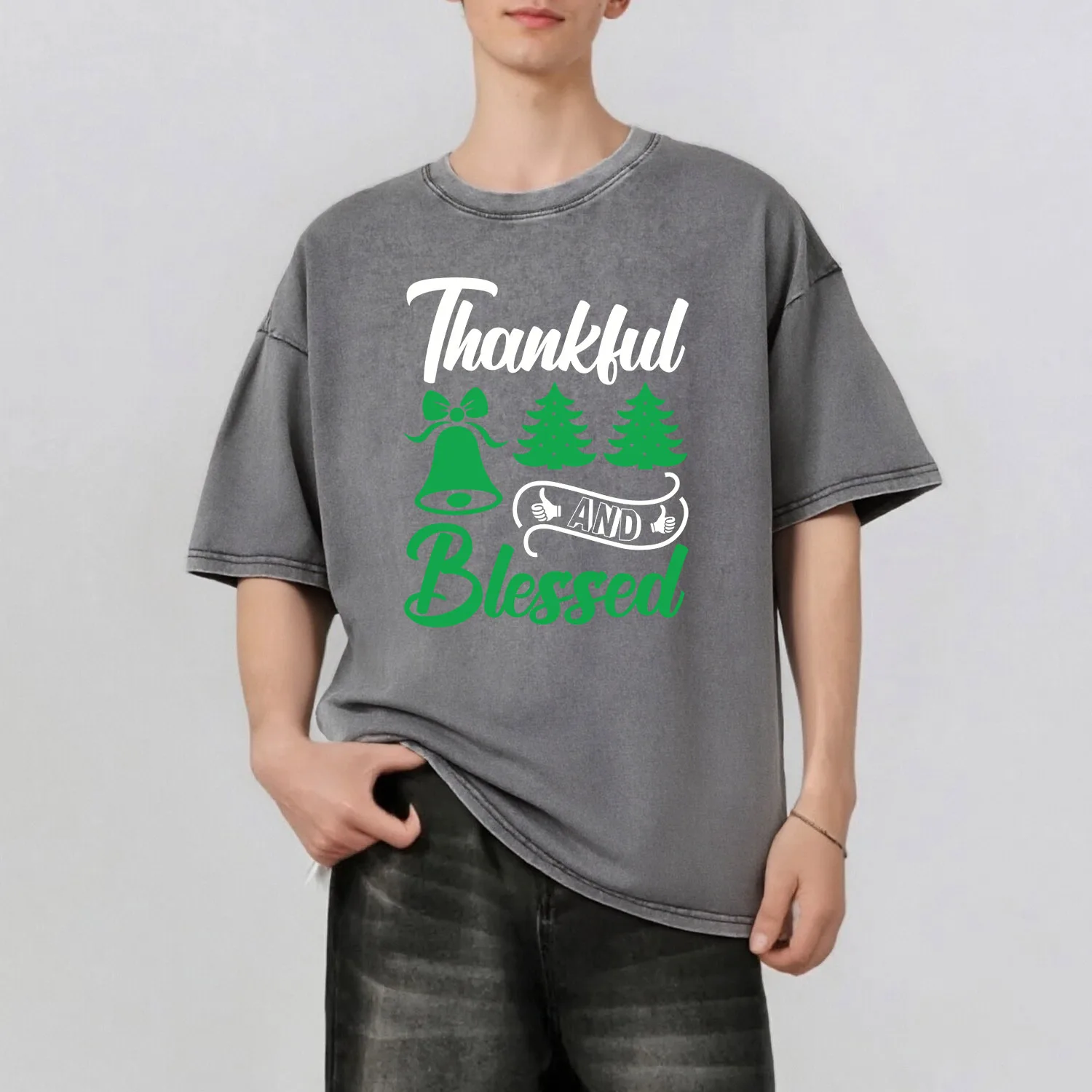 

Christmas letter Graphic Printing Men's Summer Retro Style Washed Water T-Shirt Casual Short Sleeved Basic Men's Top 230G