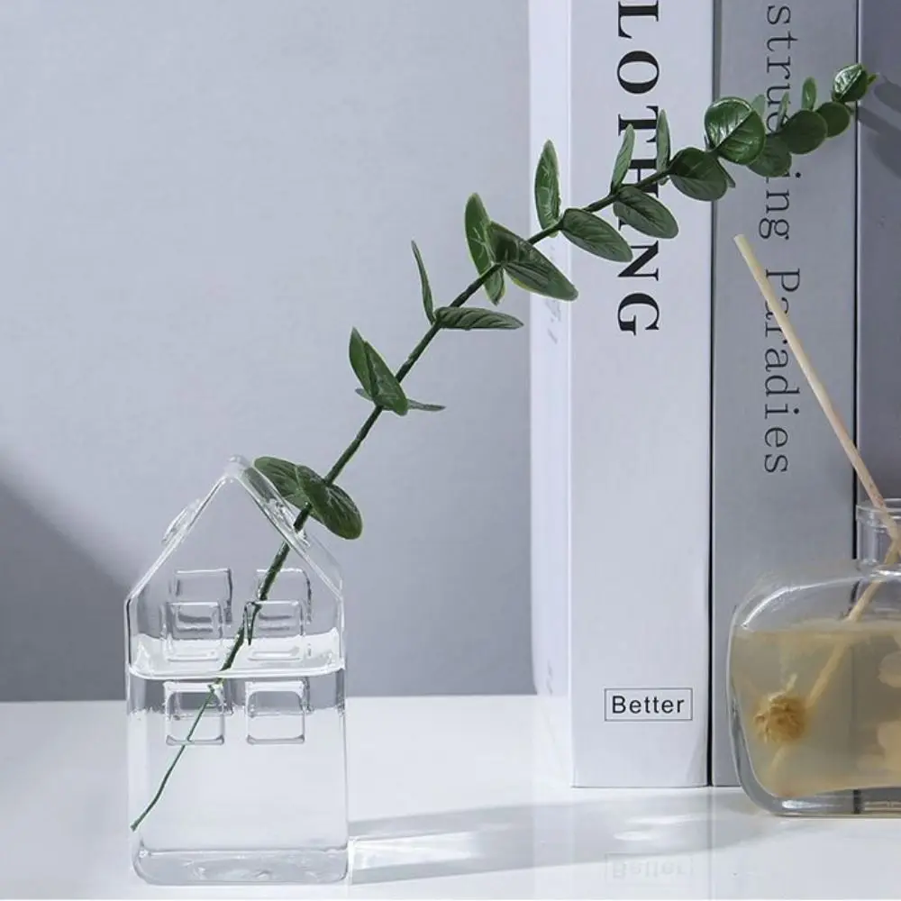

Simple House Shape House Glass Vase Glass Art Polished Transparent Vase Container European Hydroponic Vase Ornament Living Room