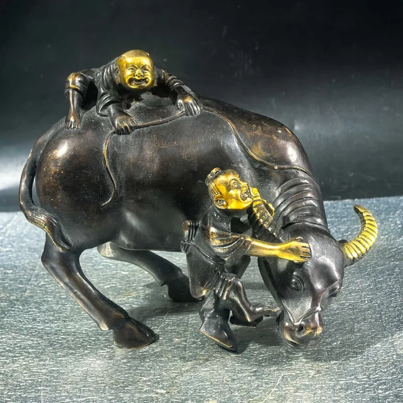 Bronze figure of a shepherd boy riding a cow, zodiac animal bronze artifact, home decor craft, decorative bronze cow herder orna