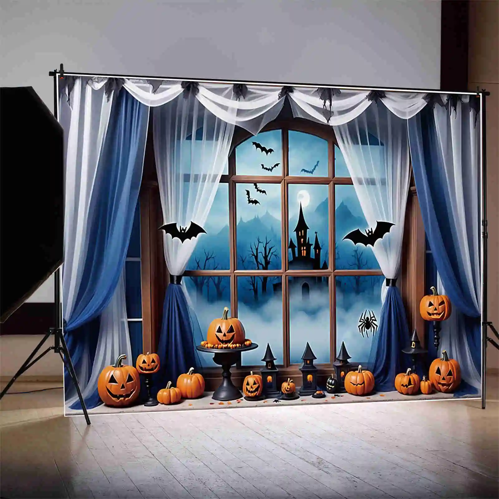 MOON.QG Halloween 2025 Backdrops Bat Mountain Castle Pumpkin Spider Background Custom Party Decorations Photography Accessories