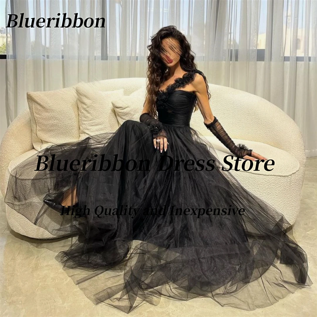 

Blueribbon Black Tulle Prom Dresses Flowers One Shoulder Wedding Party Dress Sexy Back Evening Banquet Birthday Gowns