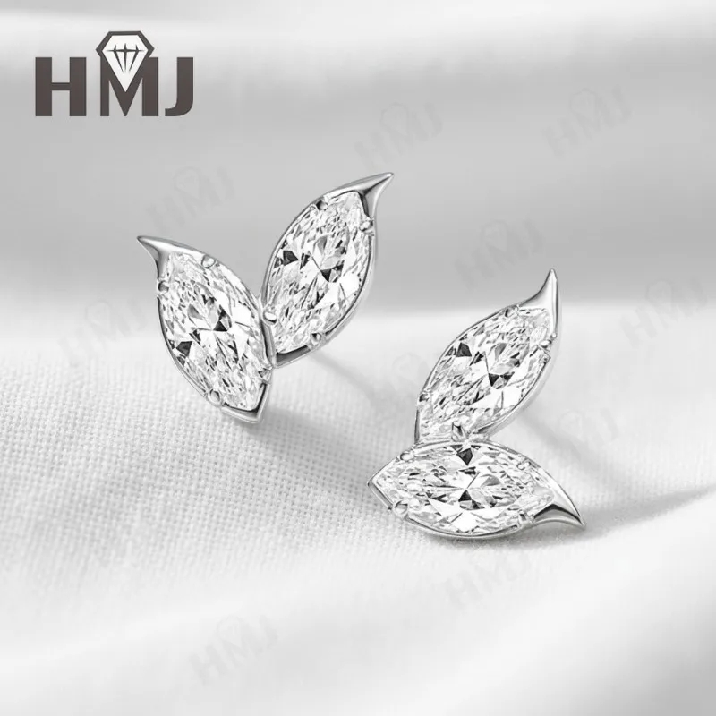 

Double Clover Earrings with4CT D Color Marquise Cut Moissanite 925 Silver Plated White Yellow Gold Ear Stud Fashion Daily Jewely