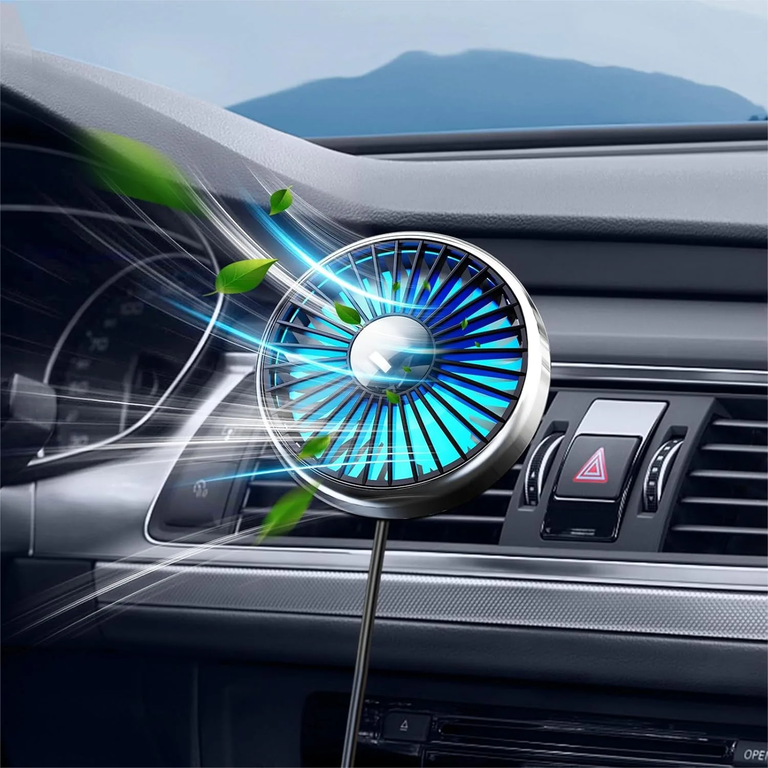 

Car AC Fan USB for Air Vent Boost Cold Air Circulation 3 Speed Portable Clip On Fan with Colorful Light Quiet Brushless Motor 360 Rotation for Vehicle SUV RV Van Pickup Truck