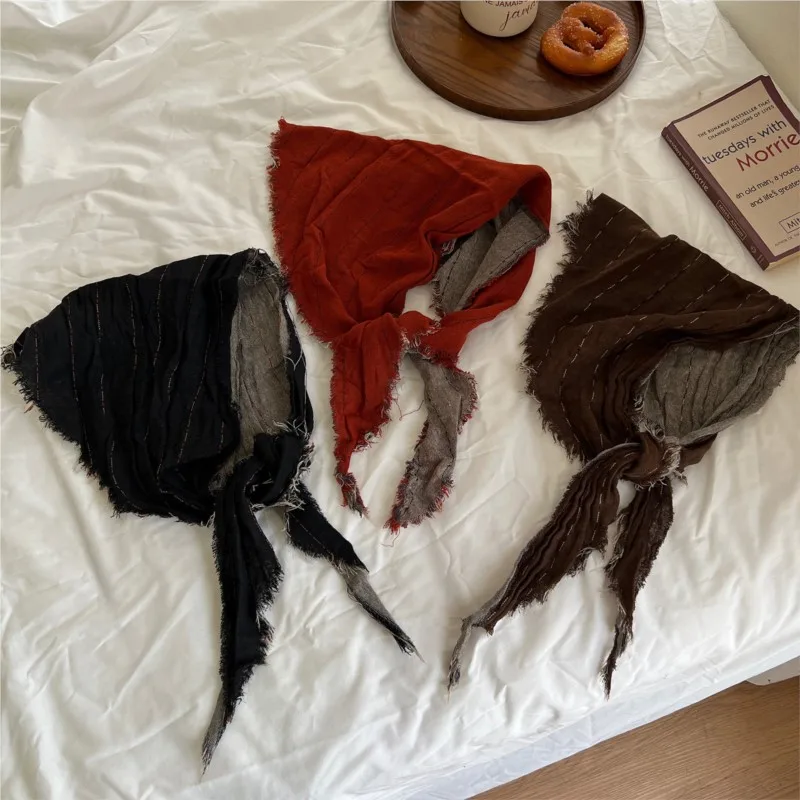 

Johnature винтажный полосатый треугольный шарф с необработанными краями, женский осенне-зимний модный теплый двухцветный шарф для защиты шеи, украшение на голову