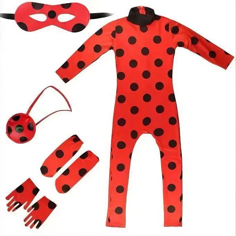 Spotted Ladybug Cosplay Outfit Kit Kids Elastic Bodysuit Eye Mask Backpack Wings Gloves Sleeves for Birthday Photo Shoot Attire