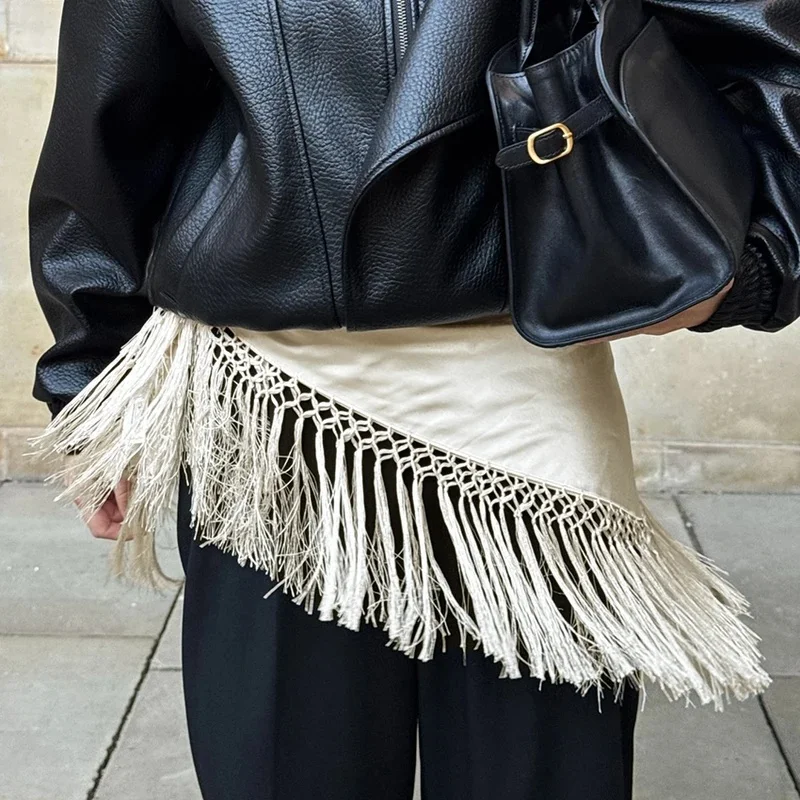 Street Chic Beige Satin Tassels Mini Skirts Woman 2026 Summer Elegant High Waist Irregular Skirts Casual Loose Skirt Women