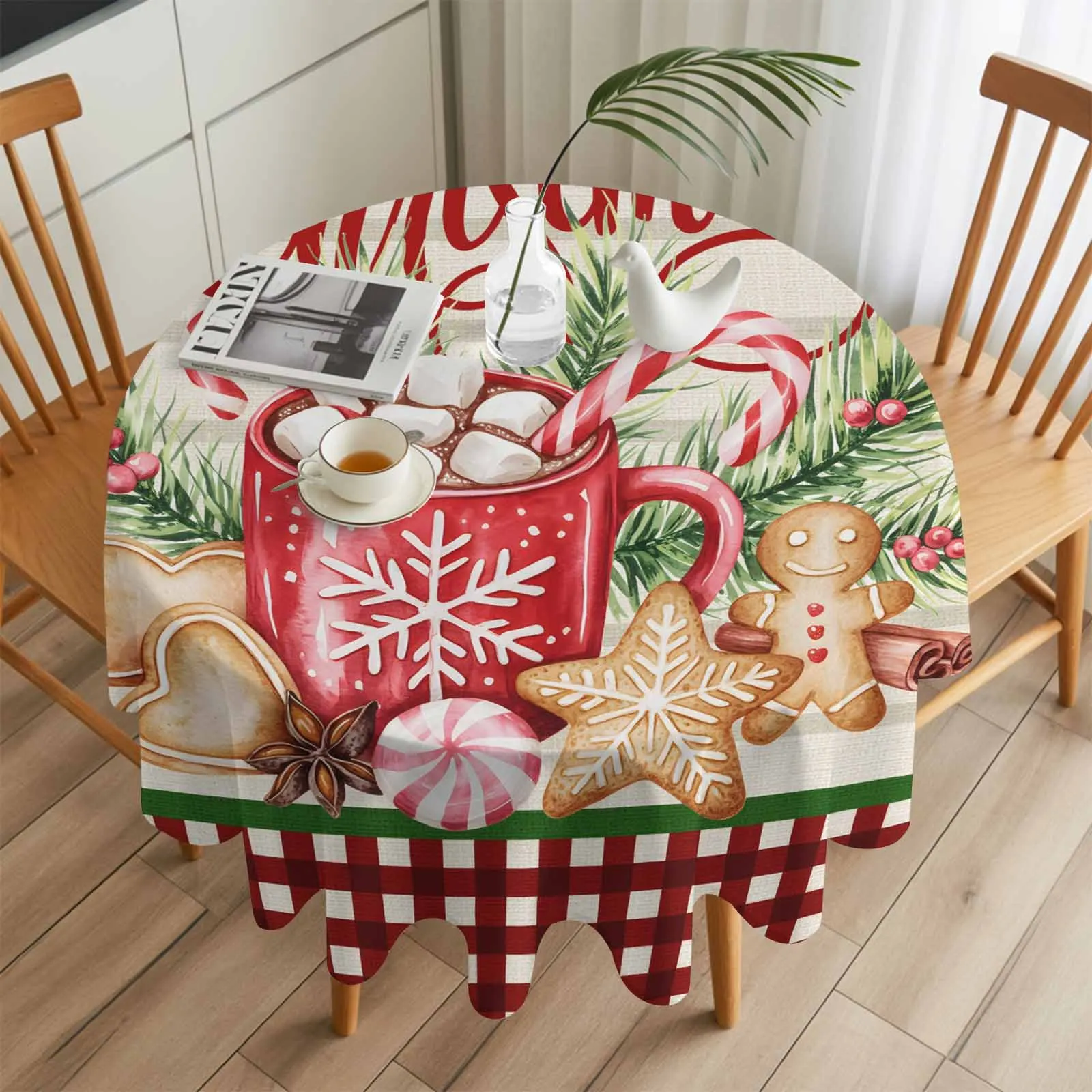 

Vintage Plaid Gingerbread Man Round Table Cloth Festival Dining Tablecloth Waterproof Table Cover for Wedding Party Decor